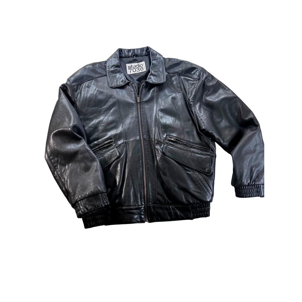 Vintage 90s Studio 7036 Philippe Monet Men Black Leather Bomber Jacket XL Zip Up